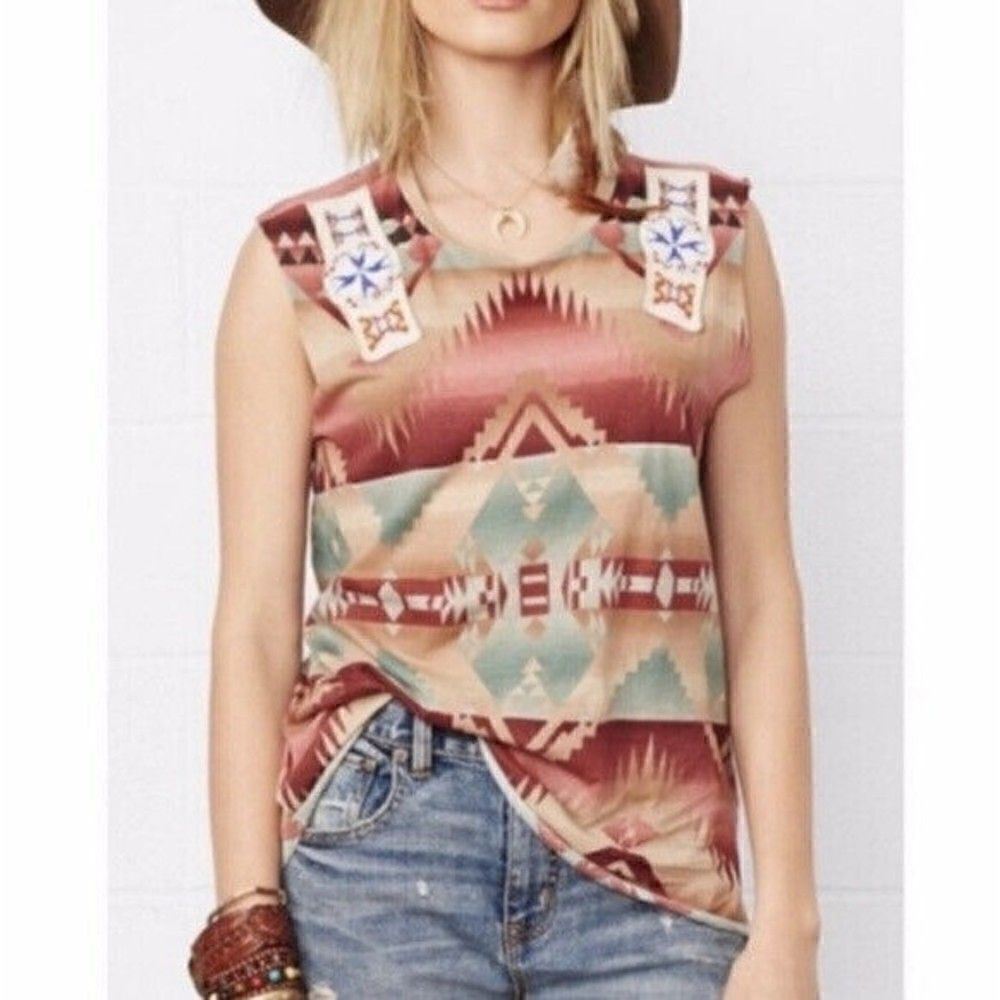 Denim & supply Ralph Lauren tribal beaded tank Small BoxH sleeveless Aztec